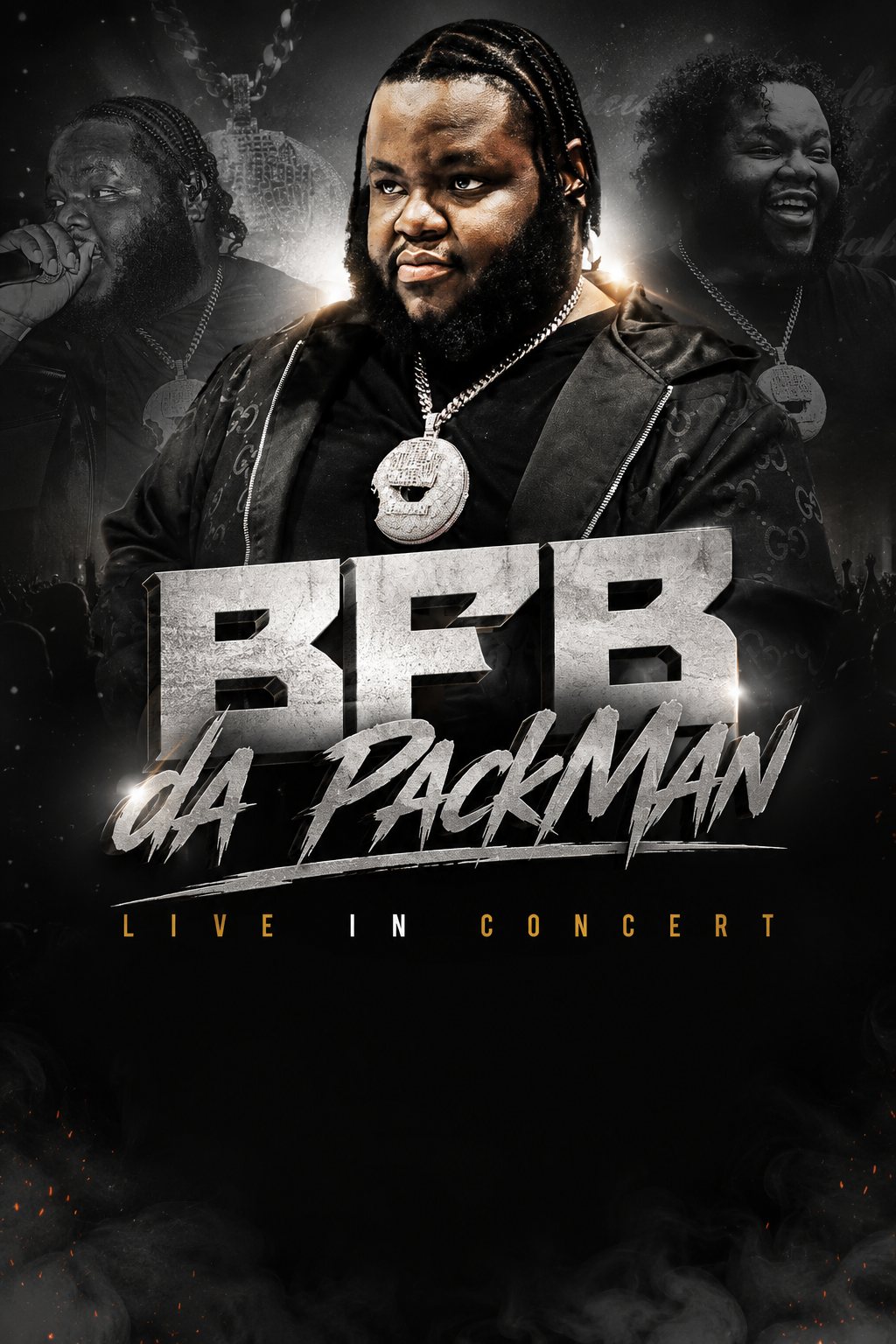 BFB Da Packman live in concert poster, chrome and brush script lettering