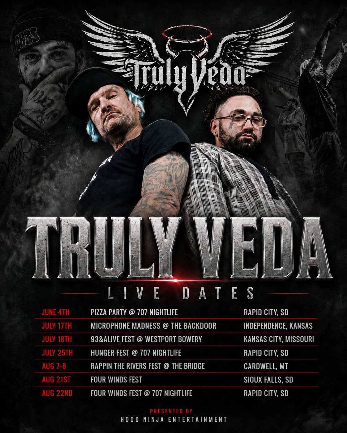 Truly Veda live dates poster listing a seven stop tour
