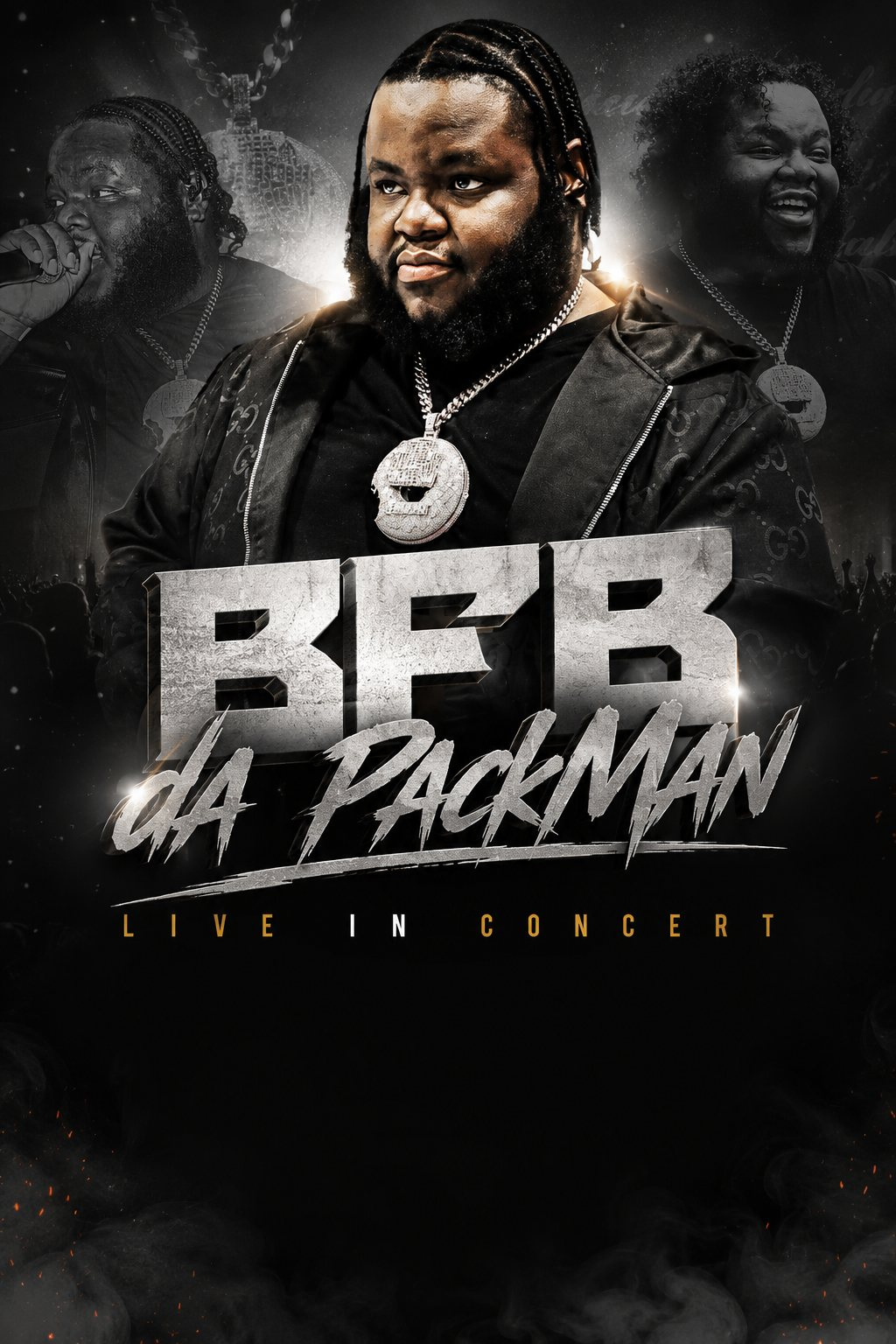 BFB Da Packman tour poster. Three layered portraits of the artist wearing a dark jacket and chain sit above stone-textured block letters reading BFB and brushed script reading Da Packman. Spaced gold letters read Live in Concert. Smoke and small embers fill the base.
