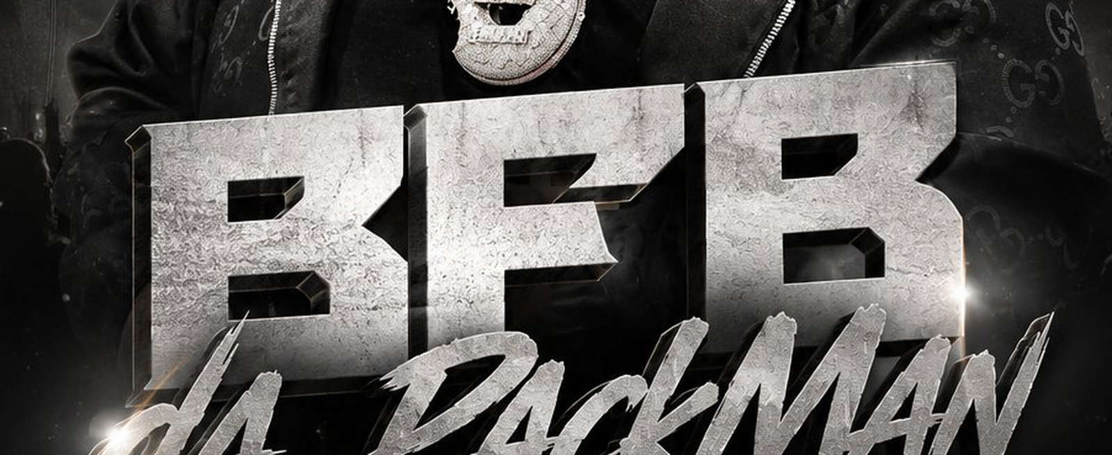 Detail crop of BFB Da Packman, Tour Poster: Two different letterforms are made to sit together through matching texture and a shared light source, and the ember particles are placed only where they will not touch the type.