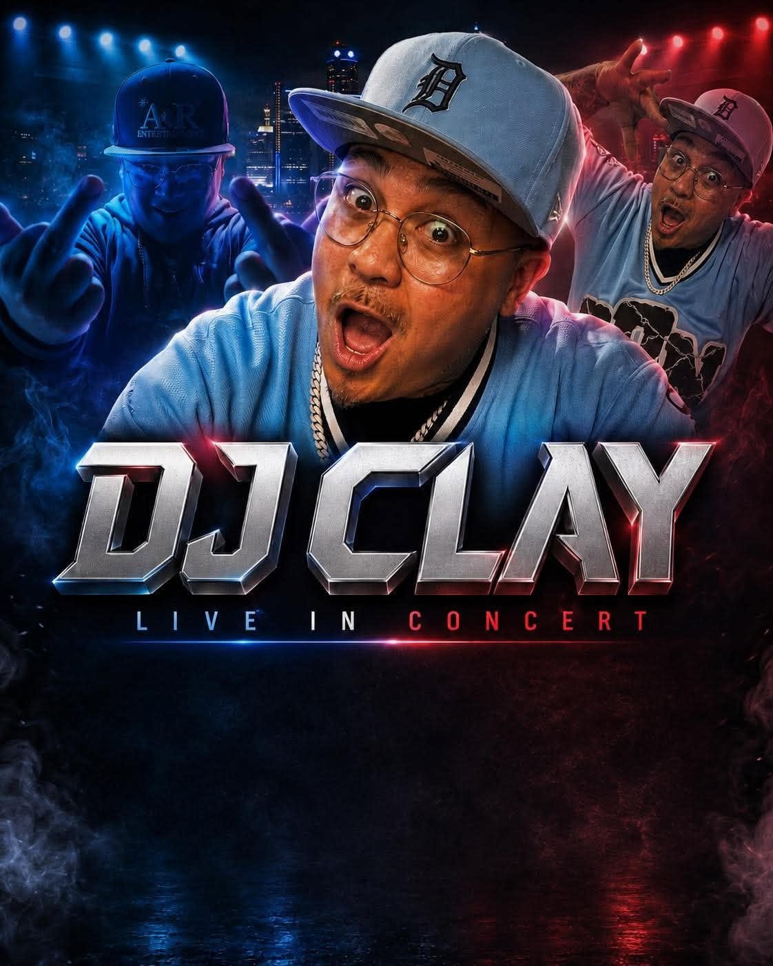 DJ Clay concert poster. Three portraits of the artist in a light baseball cap and glasses are layered over a skyline lit blue on the left and red on the right. Chrome italic letters read DJ Clay with Live in Concert spaced beneath.