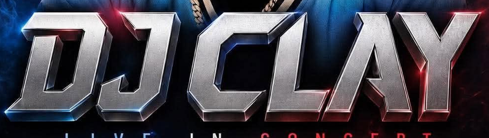 Detail crop of DJ Clay, Concert Poster: The chrome is built with a cool and a warm reflection on each letter to match the split lighting, and the portraits are cut and layered so the center face carries the energy.