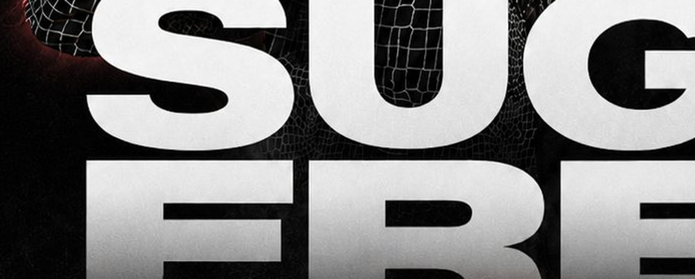 Detail crop of Suga Free, Concert Poster: The headline carries beveled chrome edges, the red rule is a single thin line, and the skyline is layered behind the portraits at reduced contrast so it never competes with the faces.
