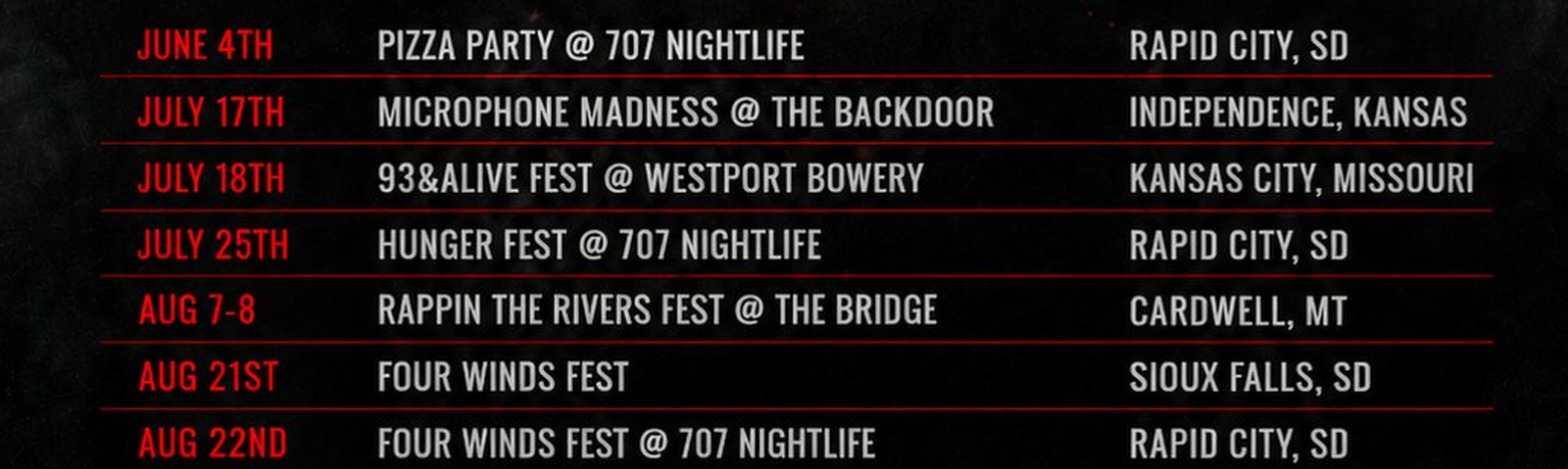 Detail crop of Truly Veda, Tour Dates: Seven rows of dates, venues, and cities share one grid, with the date column in red so the eye can scan down it, and every row keeps the same rule weight.