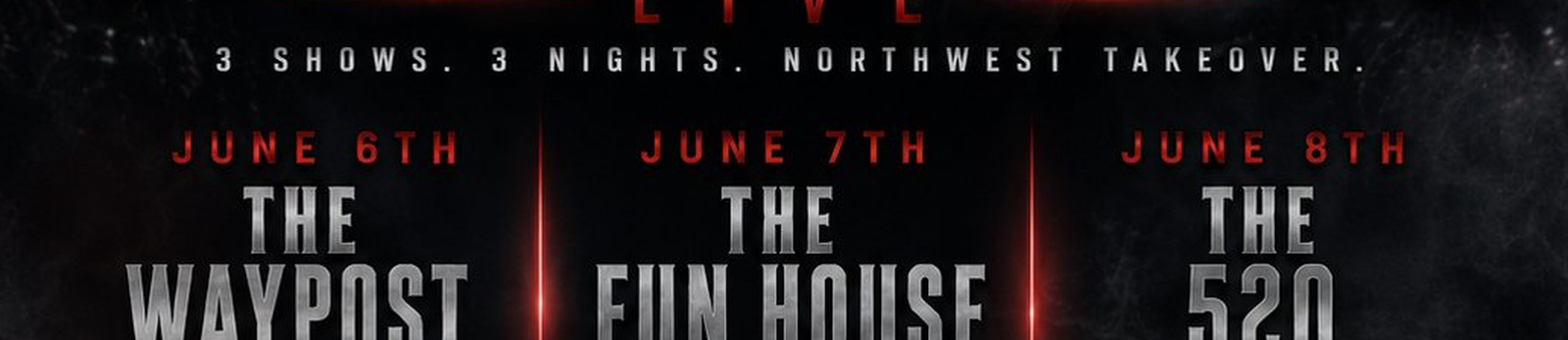 Detail crop of Whitey NW, Show Run: The three-column date block uses the same rule weight and letter spacing as the Live line above it, so the information block belongs to the headline rather than sitting under it.
